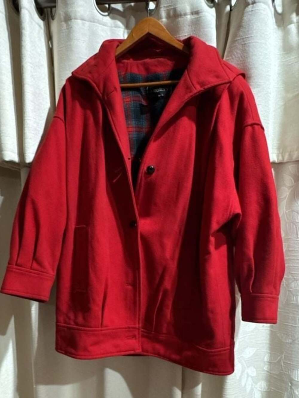 Vintage J. Gallery Red Wool Blend Plaid Lined Button Front Hooded Jacket